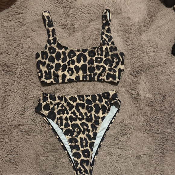 Other - Leopard Print Bikini Set Hi-cut Bottoms Animal Print Swimsuit Black Tan Small